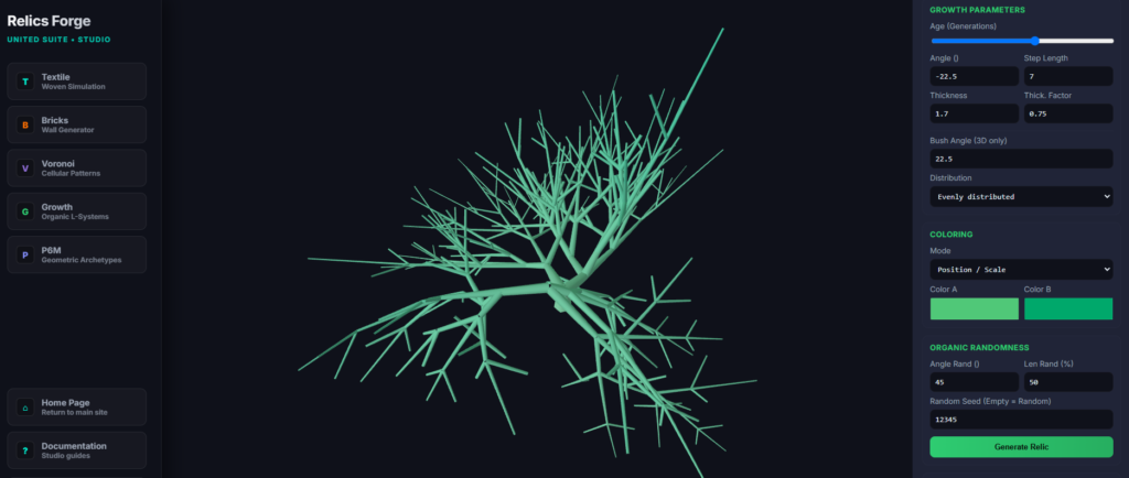 parametric growth engine interface Relics Forge showing branching generation controls